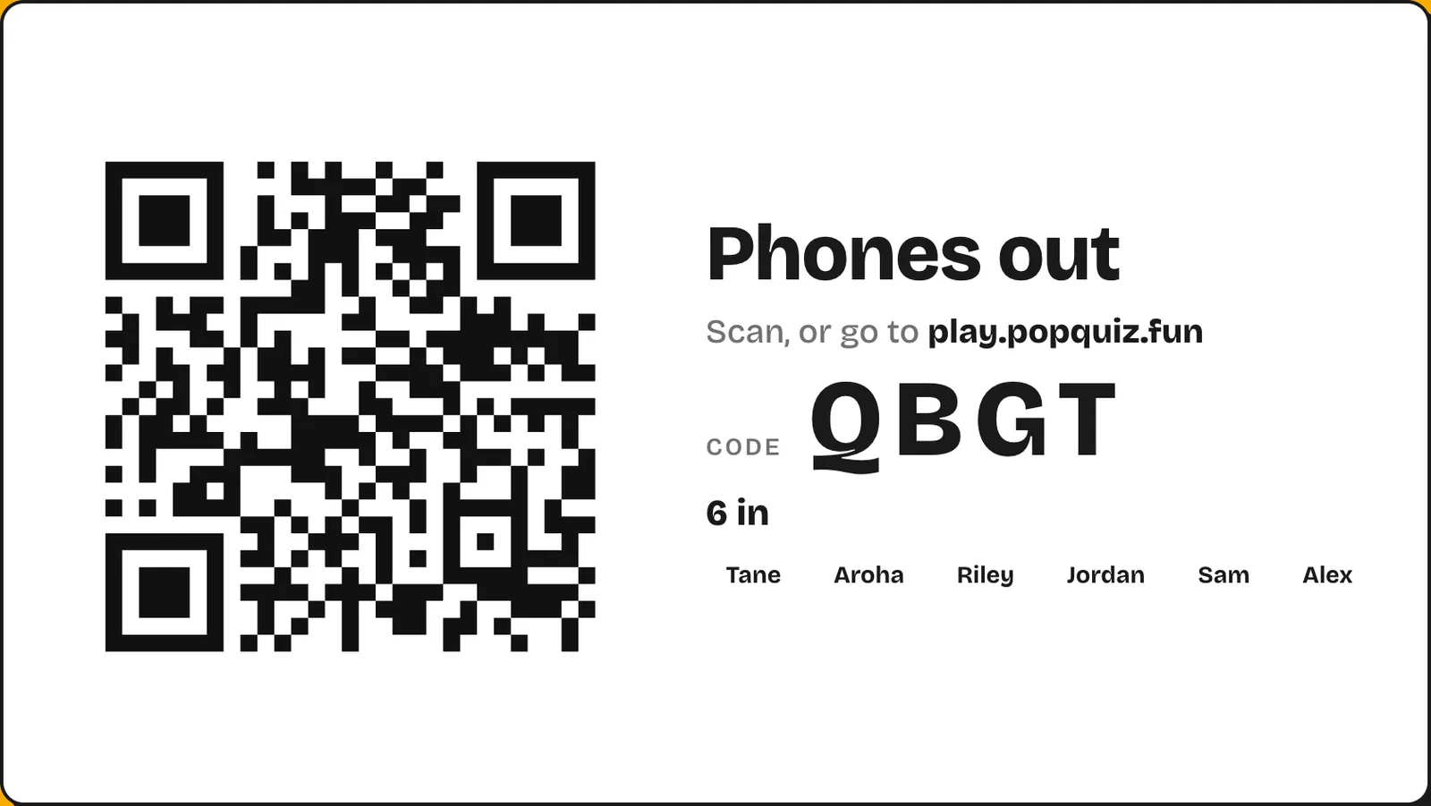 The Pop Quiz join screen: a large QR code, the join address and a four-letter room code.