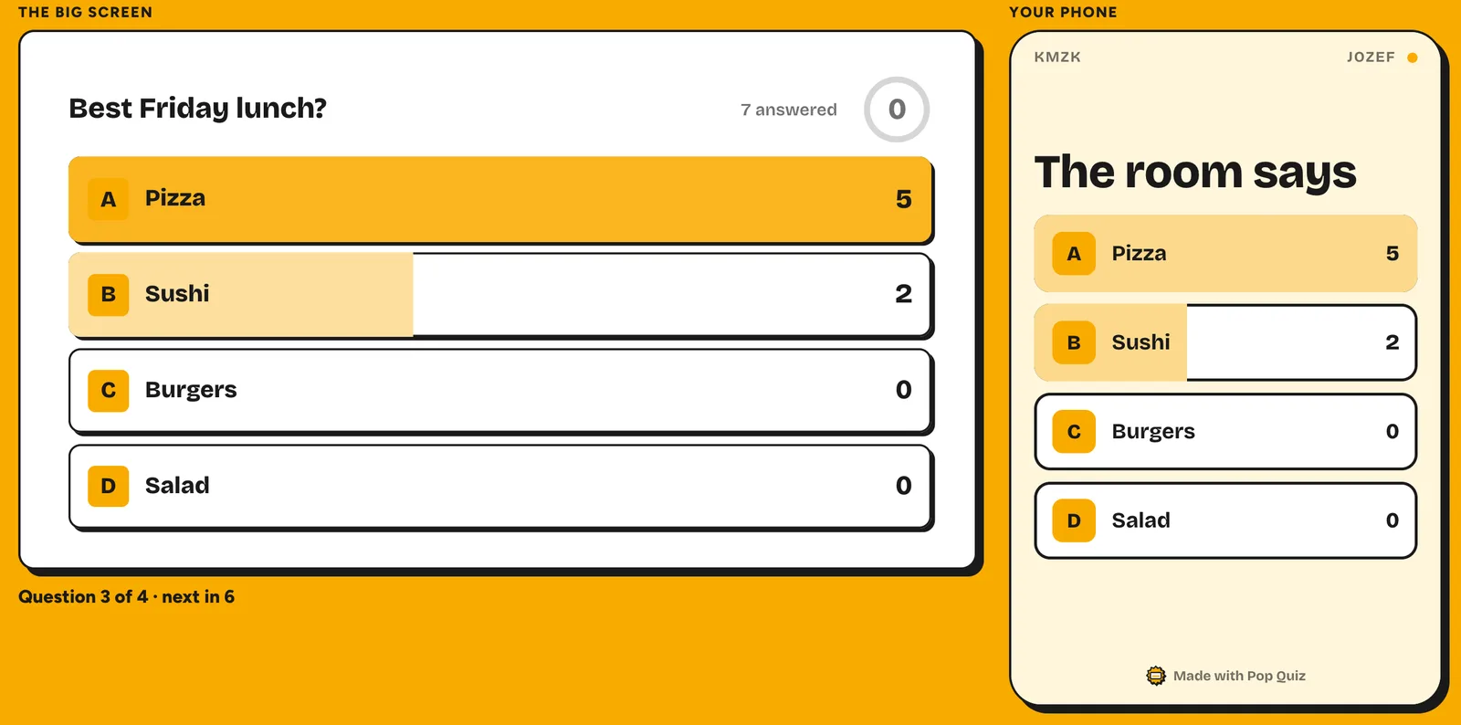 A Pop Quiz poll on the big screen, “Best Friday lunch?”, with result bars, beside a player’s phone showing the same poll.