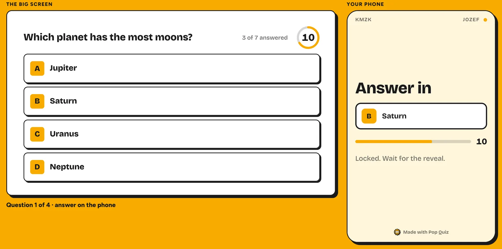 A Pop Quiz question on the big screen, “Which planet has the most moons?”, with a countdown and an answer count, beside a player’s phone locked in on Saturn.